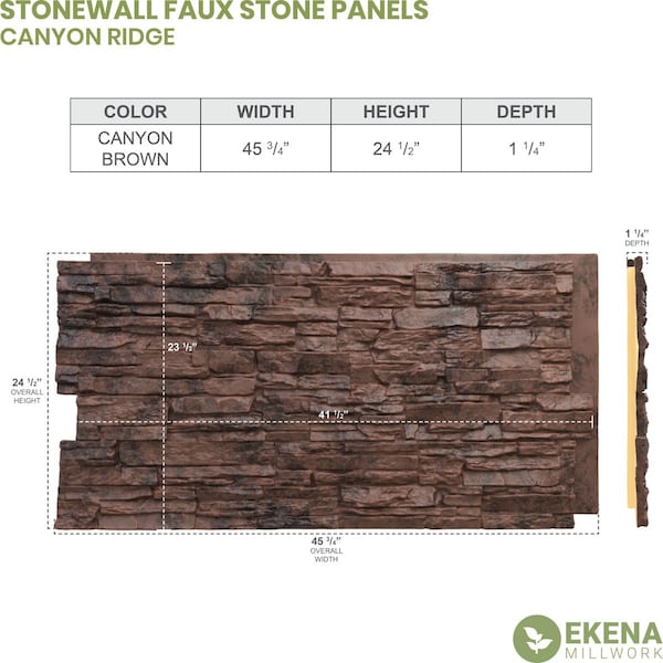 Ekena Millwork 45 3/4"W x 24 1/2"H x 1 1/4"D Canyon Ridge Stacked Stone Faux Stone Siding Panel Canyon Brown - PNU24X48CNCB