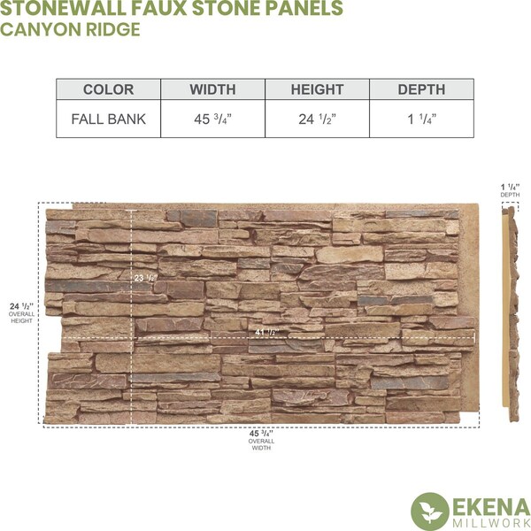 Ekena Millwork Canyon Ridge Stacked Stone, StoneWall Faux Stone Siding Panel - PNU24X48CNFB