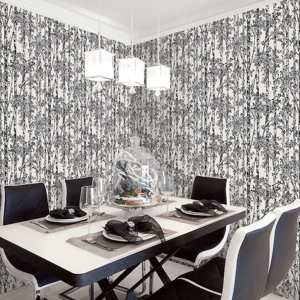 Manhattan Comfort Norwalk, Vinyl Birch Trees And Foilage In Black And White Wallpaper, 205 In X 33 Ft = 56 Sq Ft - NORWALK