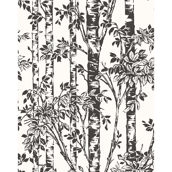 Manhattan Comfort Norwalk, Vinyl Birch Trees And Foilage In Black And White Wallpaper, 205 In X 33 Ft = 56 Sq Ft - NORWALK