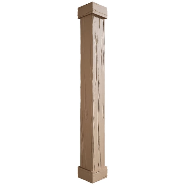 Ekena Millwork River Wood Faux Wood Non-Tapered Square Column Wrap w/ Standard Capital & Base, 8"W x 12'H - COLURW08X144STUF