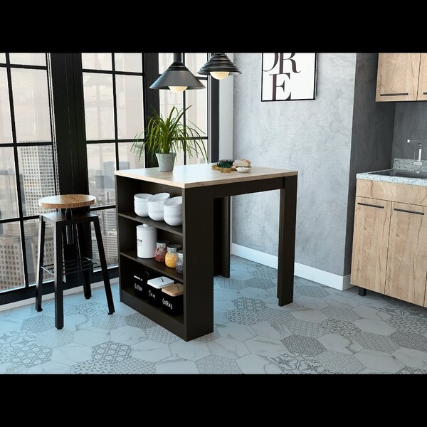 Tuhome Tanna Kitchen Counter Dining Table, Two Legs, Three Side Shelves, Black/Pine - MWD5460