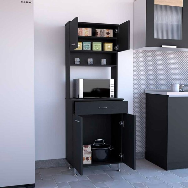 Tuhome Della 60 Kitchen Pantry with Countertop, Closed & Open Storage, Black - ALW5544
