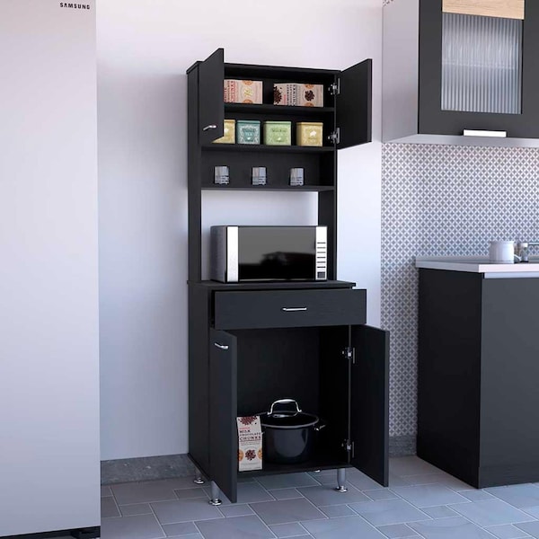 Tuhome Della 60 Kitchen Pantry with Countertop, Closed & Open Storage, Black - ALW5544