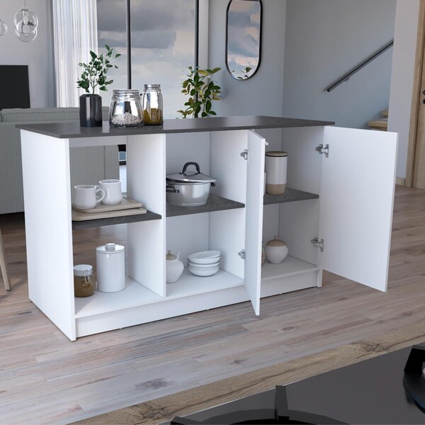 Tuhome Juniper Kitchen Island with Large Top Surface. Double Door Cabinet. and Open Shelves -White/Onyx - IBO8910