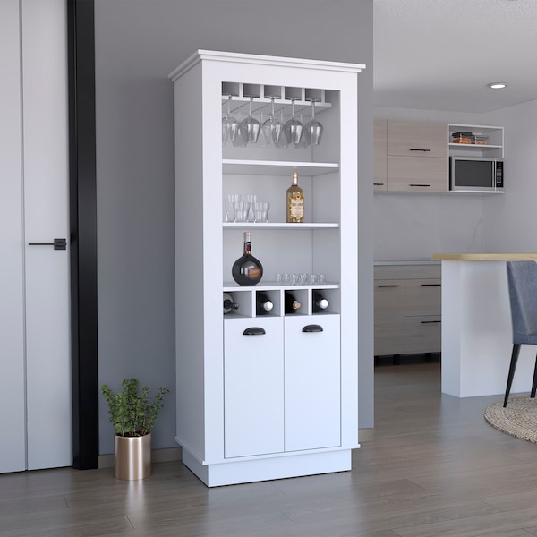 Tuhome Juniper Kitchen Island with Large Top Surface. Double Door Cabinet. and Open Shelves -White/Onyx - IBO8910