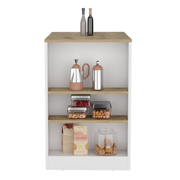 Tuhome Portree Kitchen Island with 3-Side Shelves -White / Macadamia - IBM9034