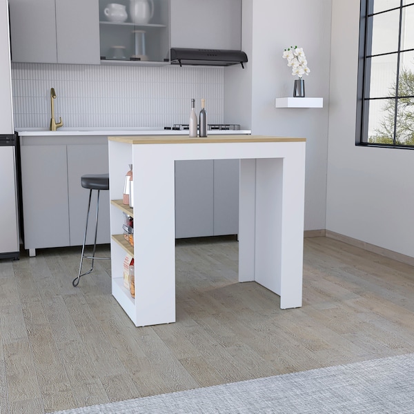 Tuhome Portree Kitchen Island with 3-Side Shelves -White / Macadamia - IBM9034