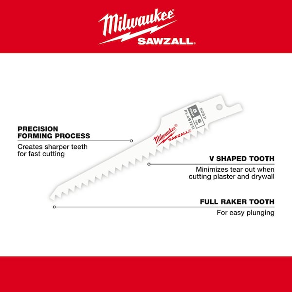Milwaukee Tool SAWZALL  5" 6 TPI Plaster Blades - 5 PK - 48-00-5052
