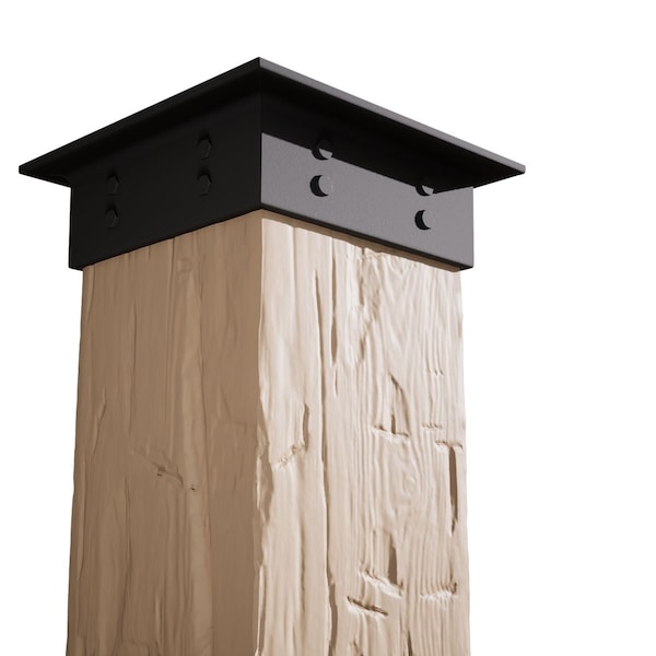Ekena Millwork Rough Sawn Faux Wood Non-Tapered Square Column Wrap w/ Faux Iron Capital & Base, 14"W x 16'H - COLURS14X192IRUF