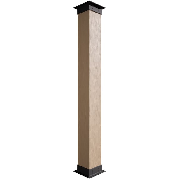 Ekena Millwork Rough Sawn Faux Wood Non-Tapered Square Column Wrap w/ Faux Iron Capital & Base, 14"W x 16'H - COLURS14X192IRUF