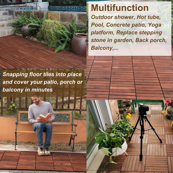 Edendirect 1 ft. x 1 ft. Acacia Wood Interlocking Deck Tile in Mocha Straight Grain, 10 sq. ft. per Box - ED-W2391P160129