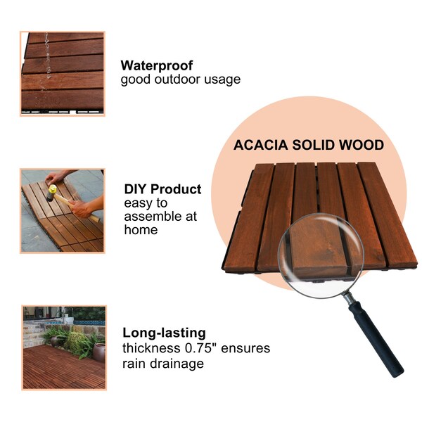 Edendirect 1 ft. x 1 ft. Acacia Wood Interlocking Deck Tile in Mocha Straight Grain, 10 sq. ft. per Box - ED-W2391P160129