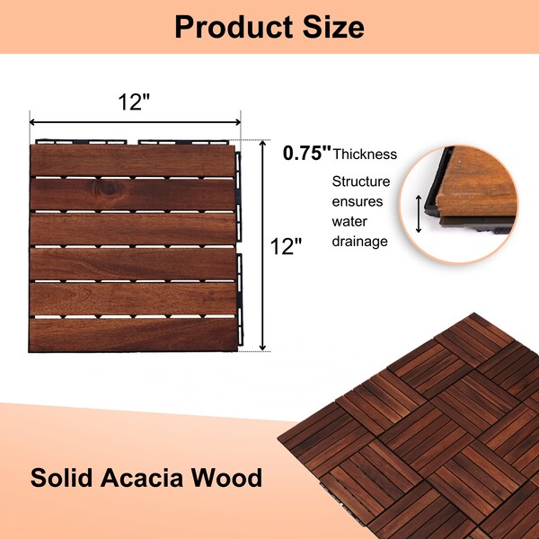 Edendirect 1 ft. x 1 ft. Acacia Wood Interlocking Deck Tile in Mocha Straight Grain, 10 sq. ft. per Box - ED-W2391P160129