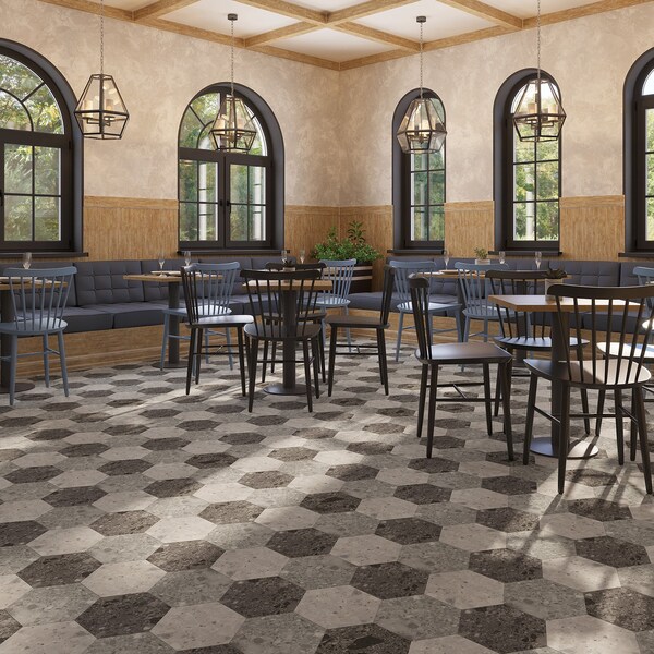 Lucida Surfaces LUCIDA SURFACES, MosaiCore Charcoal Quartz Hexagon 8.8 in. x10.375 in. 3mm 28MIL Glue Down Luxury Vinyl Tiles , 25PK - SC-4153