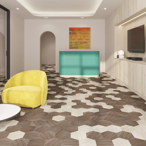 Lucida Surfaces LUCIDA SURFACES, MosaiCore Hickory Hexagon 8.8 in. x10.375 in. 3mm 28MIL Glue Down Luxury Vinyl Tiles , 99PK - SC-4163PLT