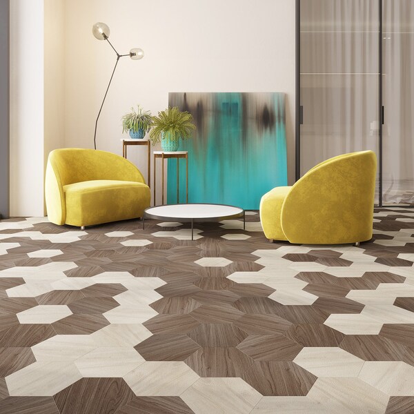 Lucida Surfaces LUCIDA SURFACES, MosaiCore Hickory Hexagon 8.8 in. x10.375 in. 3mm 28MIL Glue Down Luxury Vinyl Tiles , 99PK - SC-4163PLT
