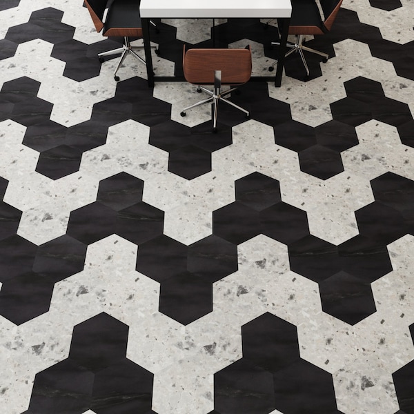 Lucida Surfaces LUCIDA SURFACES, MosaiCore Bone Quartz Hexagon 8.8 in. x10.375 in. 3mm 28MIL Glue Down Luxury Vinyl Tiles , 99PK - SC-4154PLT