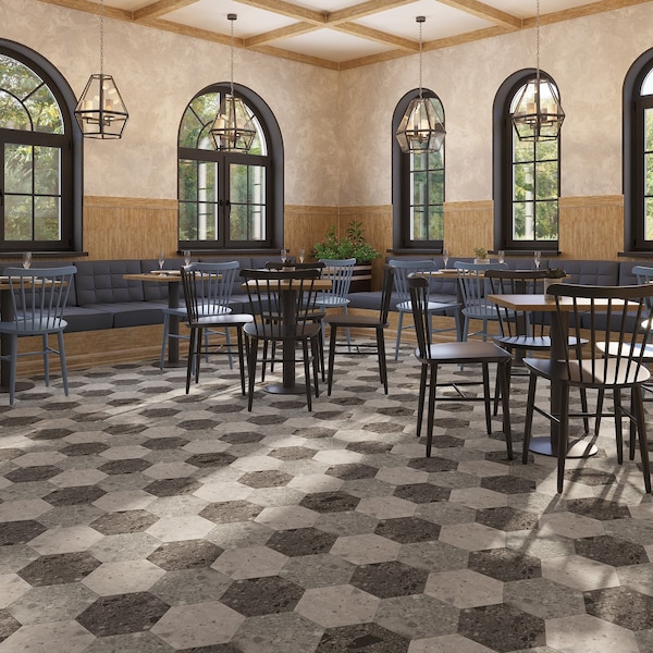 Lucida Surfaces LUCIDA SURFACES, MosaiCore Charcoal Quartz Hexagon 8.8 in. x10.375 in. 3mm 28MIL Glue Down Luxury Vinyl Tiles , 99PK - SC-4153PLT