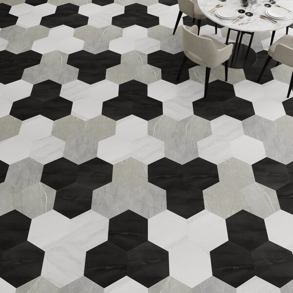 Lucida Surfaces LUCIDA SURFACES, MosaiCore Tundra Grey Hexagon 8.8 in. x10.375 in. 3mm 28MIL Glue Down Luxury Vinyl Tiles , 99PK - SC-4160PLT