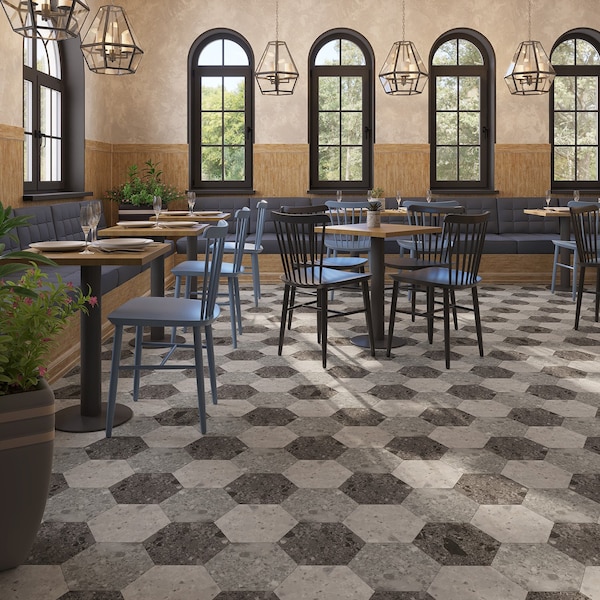 Lucida Surfaces LUCIDA SURFACES, MosaiCore Bone Quartz Hexagon 8.8 in. x10.375 in. 3mm 28MIL Glue Down Luxury Vinyl Tiles , 25PK - SC-4154