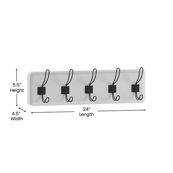 Flash Furniture Daly Wall Mounted 24 Inch Solid White Solid Pine Wood Storage Rack w/5 Hooks - HGWA-SCR-5-SLDWHT-GG