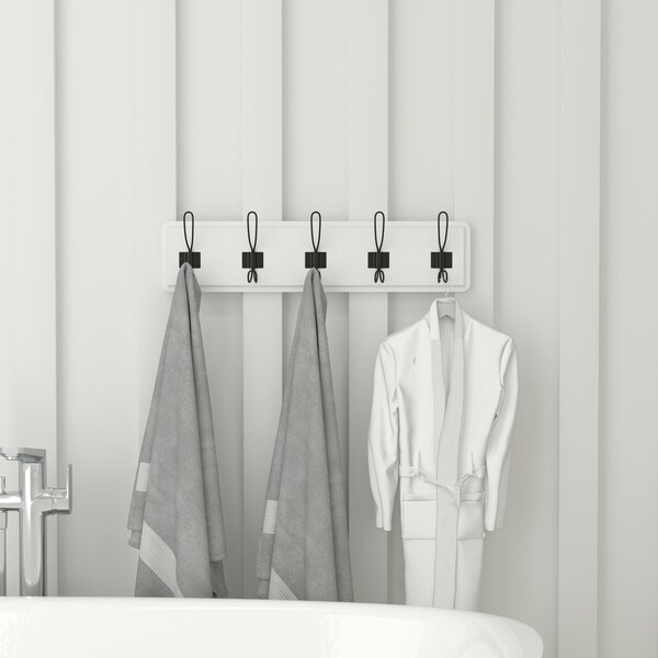 Flash Furniture Daly Wall Mounted 24 Inch Solid White Solid Pine Wood Storage Rack w/5 Hooks - HGWA-SCR-5-SLDWHT-GG
