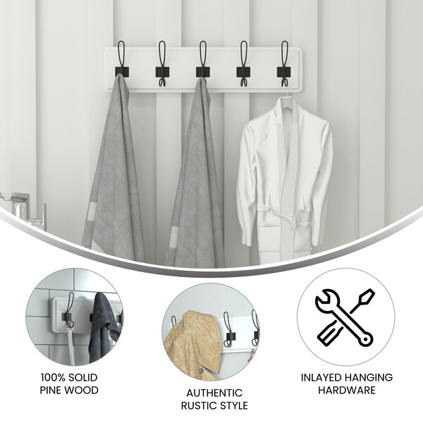 Flash Furniture Daly Wall Mounted 24 Inch Solid White Solid Pine Wood Storage Rack w/5 Hooks - HGWA-SCR-5-SLDWHT-GG