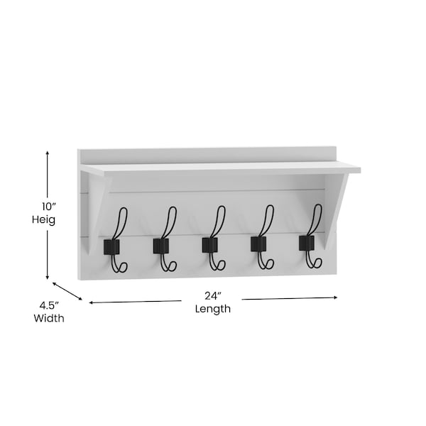Flash Furniture Daly Wall Mounted 24 Inch Solid Pine Wood Storage Rack w/Upper Shelf and 5 Hooks, Solid White - HGWA-CR-5-SLDWHT-GG