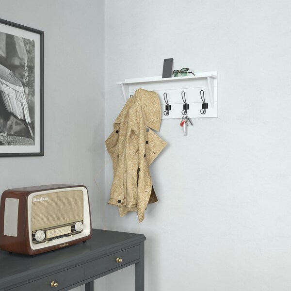 Flash Furniture Daly Wall Mounted 24 Inch Solid Pine Wood Storage Rack w/Upper Shelf and 5 Hooks, Solid White - HGWA-CR-5-SLDWHT-GG
