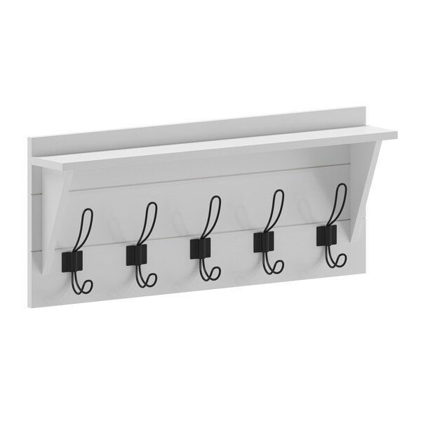 Flash Furniture Daly Wall Mounted 24 Inch Solid Pine Wood Storage Rack w/Upper Shelf and 5 Hooks, Solid White - HGWA-CR-5-SLDWHT-GG