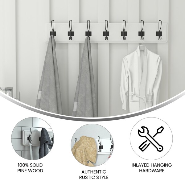 Flash Furniture Daly Wall Mounted 34 Inch Solid White Pine Wood Storage Rack w/7 Hooks - HGWA-SCR-7-SLDWHT-GG