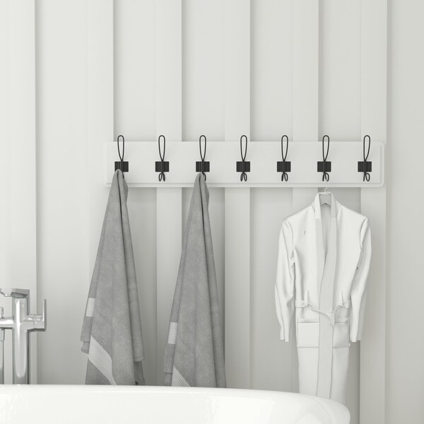 Flash Furniture Daly Wall Mounted 34 Inch Solid White Pine Wood Storage Rack w/7 Hooks - HGWA-SCR-7-SLDWHT-GG