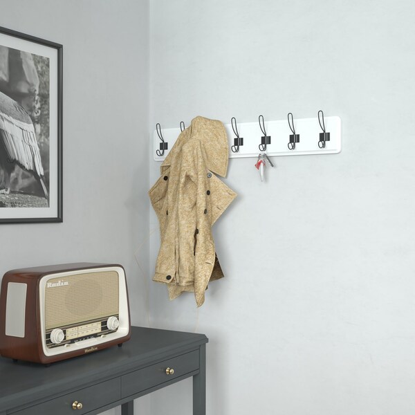 Flash Furniture Daly Wall Mounted 34 Inch Solid White Pine Wood Storage Rack w/7 Hooks - HGWA-SCR-7-SLDWHT-GG