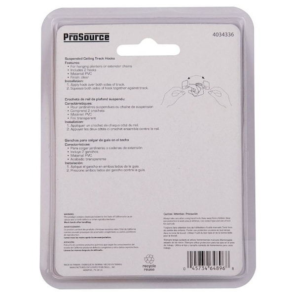 Prosource Ceiling Track Hook, 1.5 in L, 0.35 in H, PVC, Clear, Wall Mount Mounting - GB72733-PS