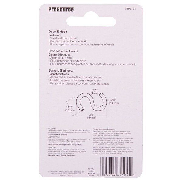 Prosource S-Hook, 10 lb Working Load, 5/64 in Dia Wire, Steel, Zinc - LR-378-PS