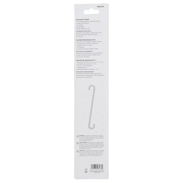 Landscapers Select Extender S-Hook, 12 in H, Steel, White, Hanging Mounting - GB0133L