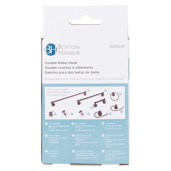 Boston Harbor Double Robe Hook, 2-Hook, Zinc, Oil-Rubbed Bronze, Wall Mounting - L5053-50-10-3L