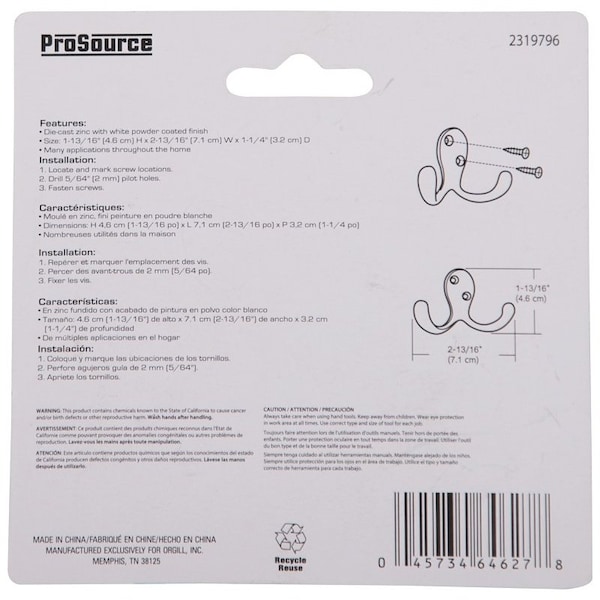 Prosource Coat and Hat Hook, 22 lb, 2-Hook, 7/8 in Opening, Zinc, Powder-Coated - 23263WHB-PS