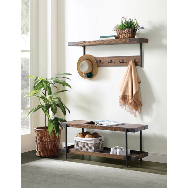 Alaterre Furniture Kyra 42"L Oak and Metal Coat Hook with Shelf and Bench Set - ANKY0324RBG