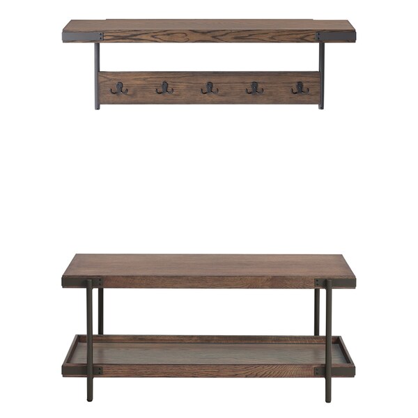 Alaterre Furniture Kyra 42"L Oak and Metal Coat Hook with Shelf and Bench Set - ANKY0324RBG