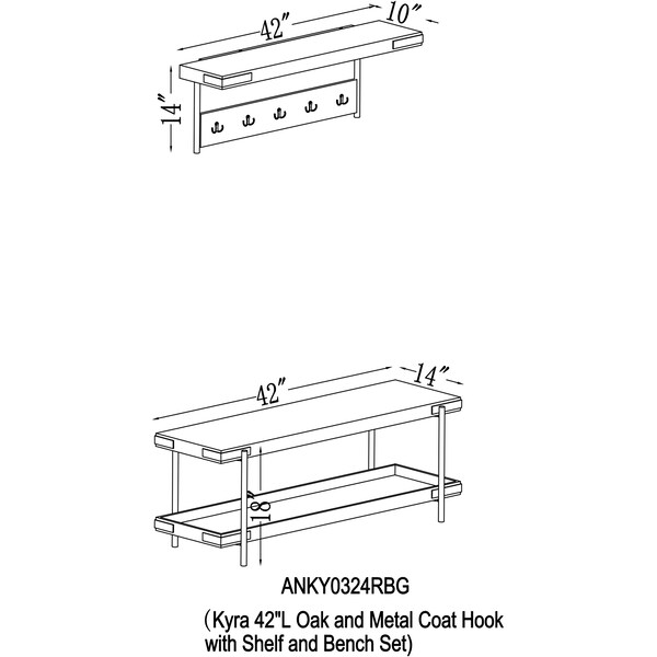 Alaterre Furniture Kyra 42"L Oak and Metal Coat Hook with Shelf and Bench Set - ANKY0324RBG