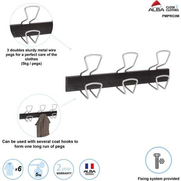Alba Wall-Mount Coat Hooks, Metal, Silver, 22 lb, 18.11" x 2.95" x 6.45" - PMPRO3M