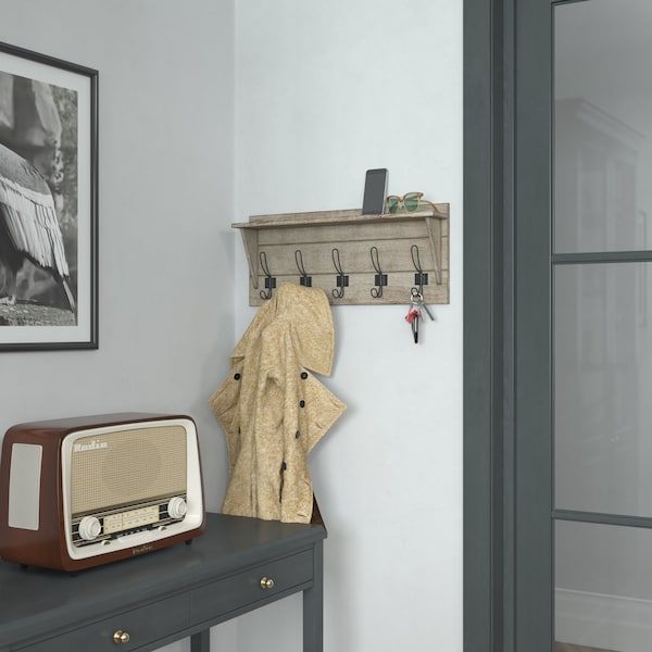 Flash Furniture 24" Weathered Wall Mount Shelf with Hanging Hooks - HFKHD-GDIS-CRE8-142315-GG