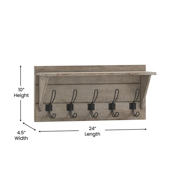 Flash Furniture 24" Weathered Wall Mount Shelf with Hanging Hooks - HFKHD-GDIS-CRE8-142315-GG