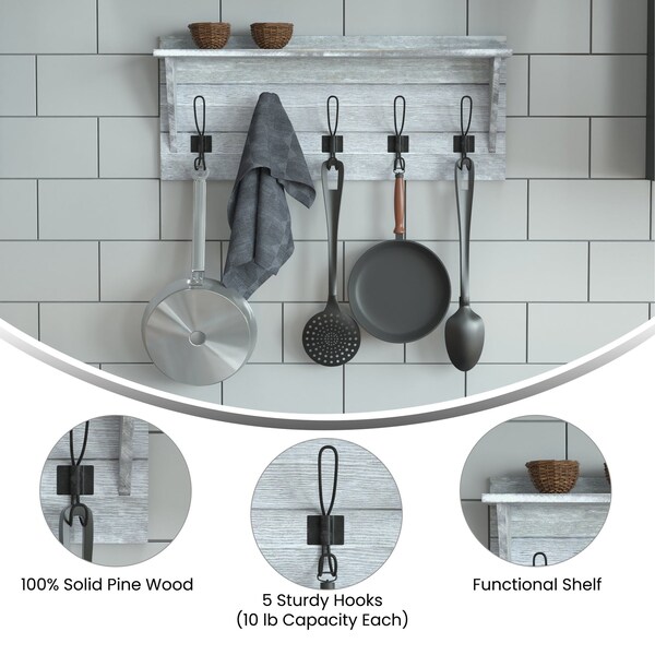 Flash Furniture 24" Whitewash Wall Mount Shelf with Hanging Hooks - HFKHD-HEF0-CRE8-732315-GG
