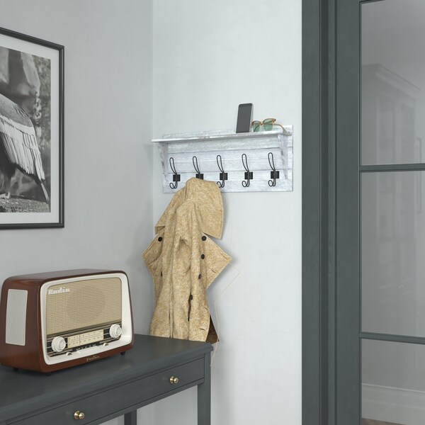 Flash Furniture 24" Whitewash Wall Mount Shelf with Hanging Hooks - HFKHD-HEF0-CRE8-732315-GG