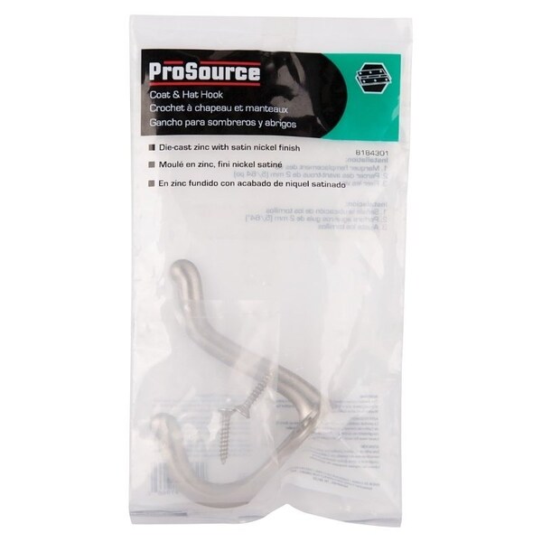 Prosource Coat and Hat Hook, 22 lb, 2-Hook, 1 in Opening, Zinc, Satin Nickel - H62-B073