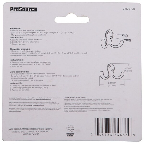 Prosource Coat and Hat Hook, 22 lb, 2-Hook, 7/8 in Opening, Zinc, Venetian Bronze - 23263VCB3L-PS