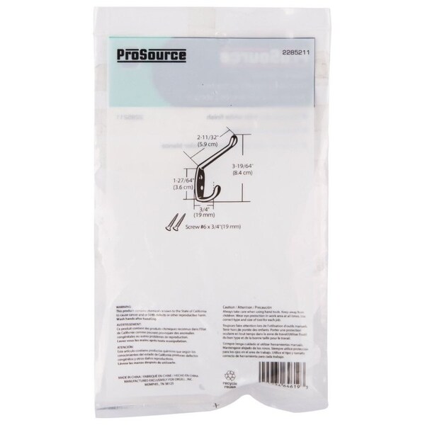 Prosource Coat and Hat Hook, 22 lb, 2-Hook, 1-1/64 in Opening, Zinc - H6172168W-BC3L-PS